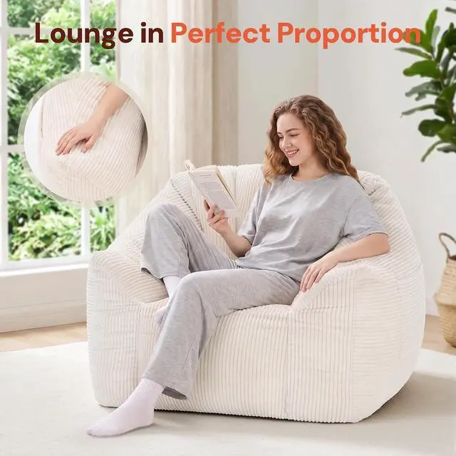 Alt view image 3 of 7 - Korser Bean Bag Chair, Giant Bean Bag Chairs for Adults Teens, Comfy Floor Chair with Back Support and Armrest, Corduroy Beanbag with Foam Filler, Reading Chair for Bedroom Living Room, Beige