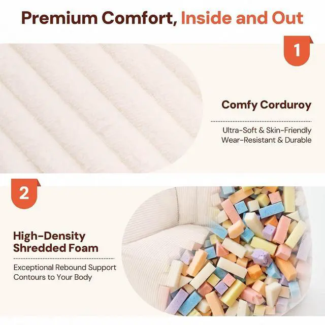Alt view image 4 of 7 - Korser Bean Bag Chair, Giant Bean Bag Chairs for Adults Teens, Comfy Floor Chair with Back Support and Armrest, Corduroy Beanbag with Foam Filler, Reading Chair for Bedroom Living Room, Beige