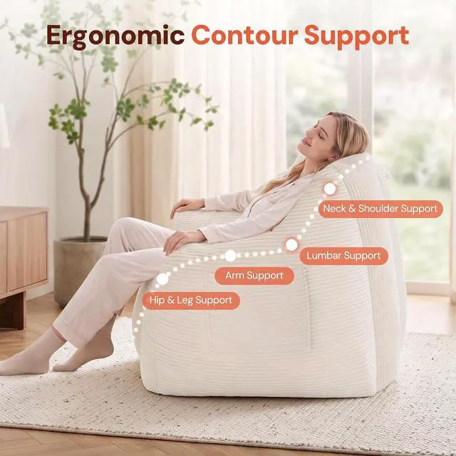 Alt view image 5 of 7 - Korser Bean Bag Chair, Giant Bean Bag Chairs for Adults Teens, Comfy Floor Chair with Back Support and Armrest, Corduroy Beanbag with Foam Filler, Reading Chair for Bedroom Living Room, Beige