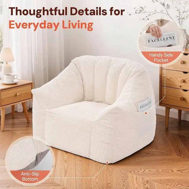 Alt view image 6 of 7 - Korser Bean Bag Chair, Giant Bean Bag Chairs for Adults Teens, Comfy Floor Chair with Back Support and Armrest, Corduroy Beanbag with Foam Filler, Reading Chair for Bedroom Living Room, Beige