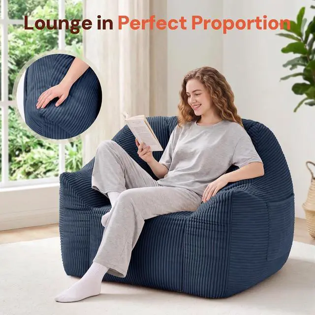 Alt view image 3 of 7 - Korser Bean Bag Chair, Giant Bean Bag Chairs for Adults Teens, Comfy Floor Chair with Back Support and Armrest, Corduroy Beanbag with Foam Filler, Reading Chair for Bedroom Living Room, Blue