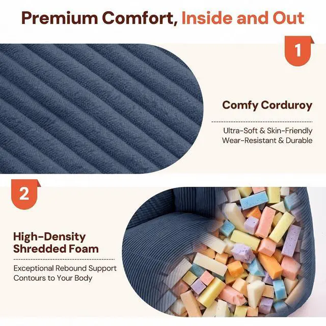 Alt view image 4 of 7 - Korser Bean Bag Chair, Giant Bean Bag Chairs for Adults Teens, Comfy Floor Chair with Back Support and Armrest, Corduroy Beanbag with Foam Filler, Reading Chair for Bedroom Living Room, Blue
