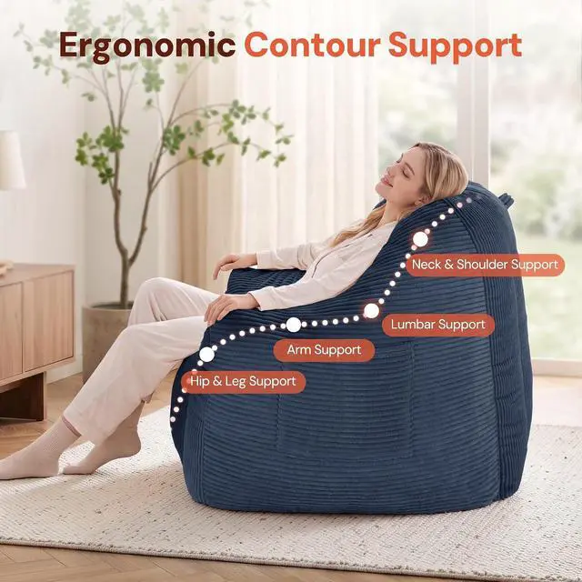 Alt view image 5 of 7 - Korser Bean Bag Chair, Giant Bean Bag Chairs for Adults Teens, Comfy Floor Chair with Back Support and Armrest, Corduroy Beanbag with Foam Filler, Reading Chair for Bedroom Living Room, Blue