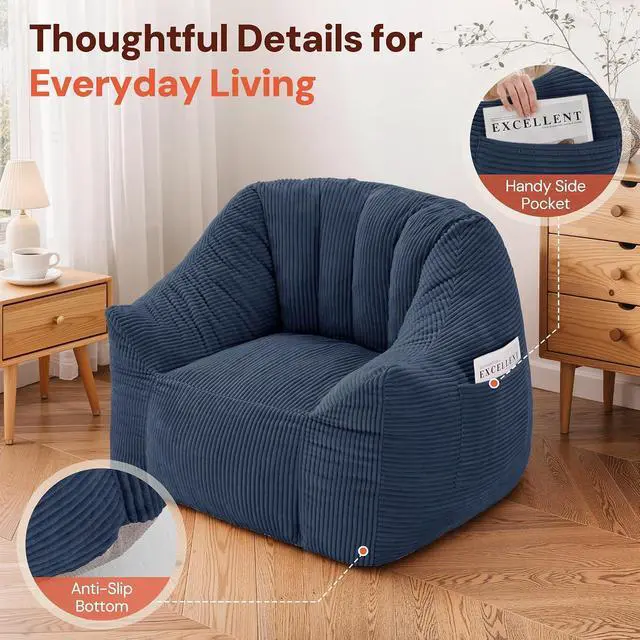Alt view image 6 of 7 - Korser Bean Bag Chair, Giant Bean Bag Chairs for Adults Teens, Comfy Floor Chair with Back Support and Armrest, Corduroy Beanbag with Foam Filler, Reading Chair for Bedroom Living Room, Blue