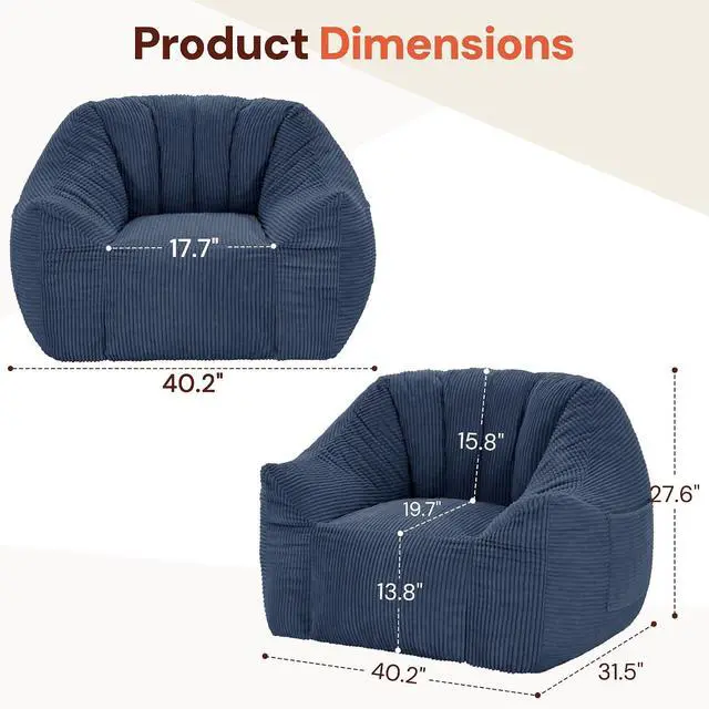 Alt view image 2 of 7 - Korser Bean Bag Chair, Giant Bean Bag Chairs for Adults Teens, Comfy Floor Chair with Back Support and Armrest, Corduroy Beanbag with Foam Filler, Reading Chair for Bedroom Living Room, Blue