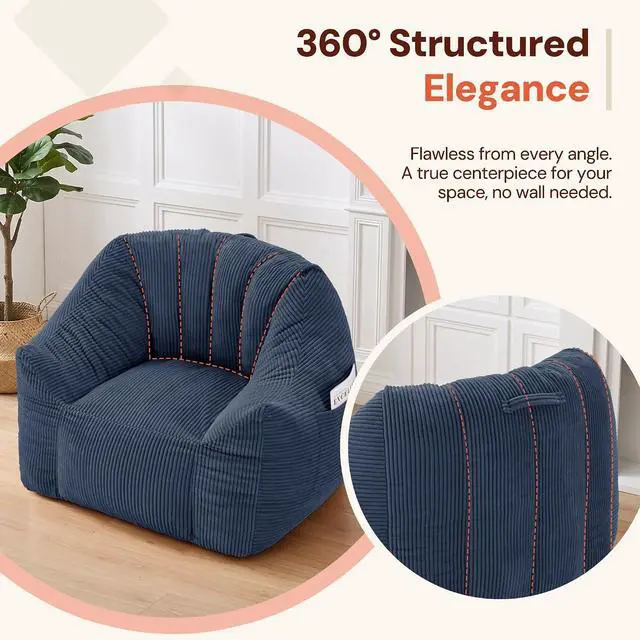 Alt view image 7 of 7 - Korser Bean Bag Chair, Giant Bean Bag Chairs for Adults Teens, Comfy Floor Chair with Back Support and Armrest, Corduroy Beanbag with Foam Filler, Reading Chair for Bedroom Living Room, Blue