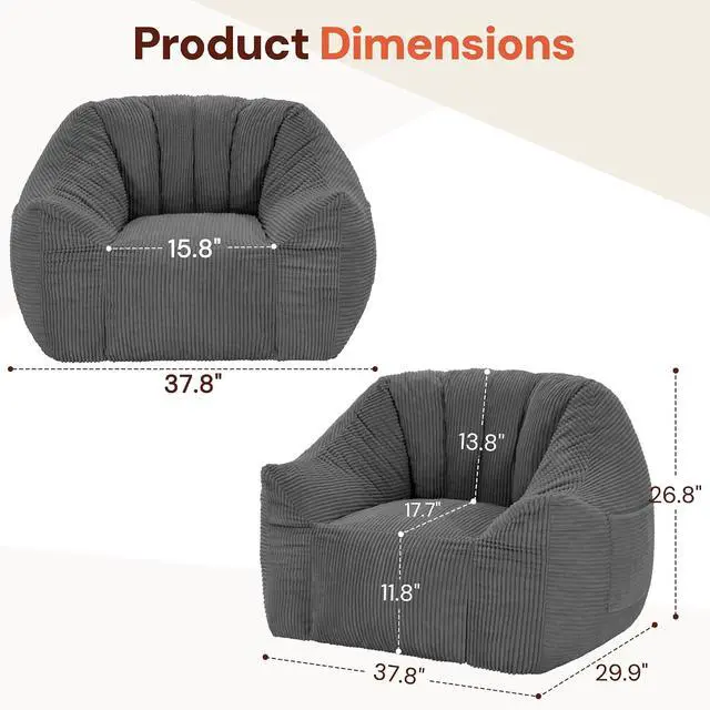 Alt view image 2 of 7 - Korser Bean Bag Chair, Giant Bean Bag Chairs for Adults Teens, Comfy Floor Chair with Back Support and Armrest, Corduroy Beanbag with Foam Filler, Reading Chair for Bedroom Living Room, Grey