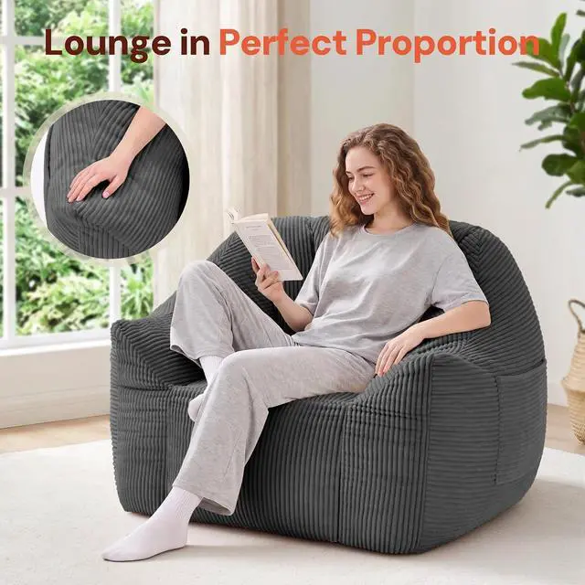 Alt view image 3 of 7 - Korser Bean Bag Chair, Giant Bean Bag Chairs for Adults Teens, Comfy Floor Chair with Back Support and Armrest, Corduroy Beanbag with Foam Filler, Reading Chair for Bedroom Living Room, Grey