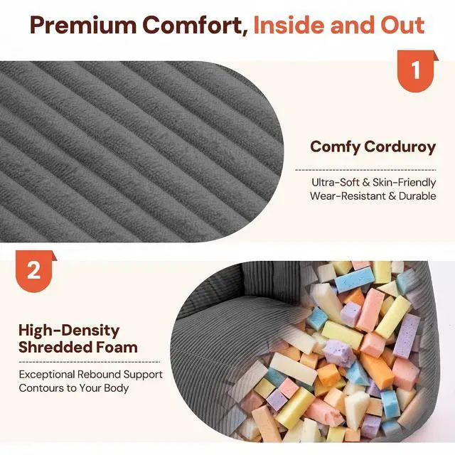Alt view image 4 of 7 - Korser Bean Bag Chair, Giant Bean Bag Chairs for Adults Teens, Comfy Floor Chair with Back Support and Armrest, Corduroy Beanbag with Foam Filler, Reading Chair for Bedroom Living Room, Grey