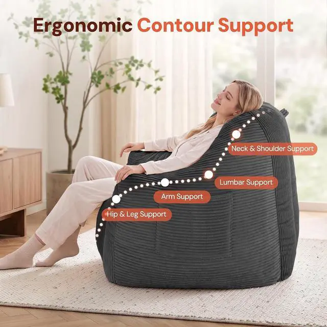 Alt view image 5 of 7 - Korser Bean Bag Chair, Giant Bean Bag Chairs for Adults Teens, Comfy Floor Chair with Back Support and Armrest, Corduroy Beanbag with Foam Filler, Reading Chair for Bedroom Living Room, Grey