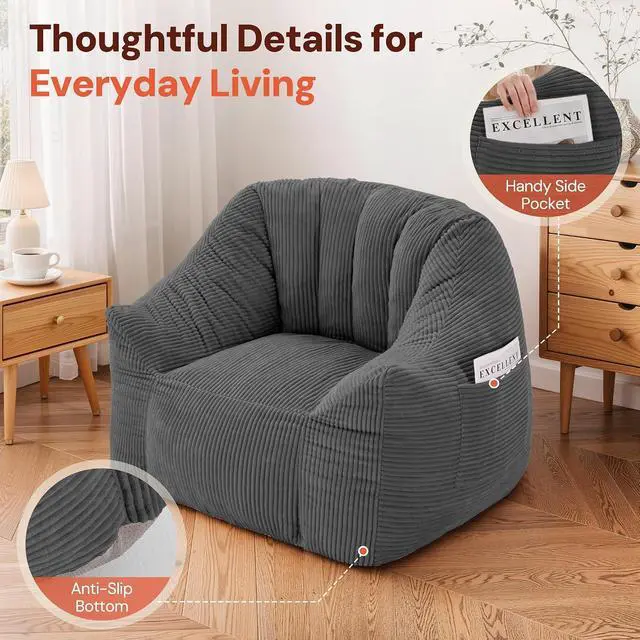 Alt view image 6 of 7 - Korser Bean Bag Chair, Giant Bean Bag Chairs for Adults Teens, Comfy Floor Chair with Back Support and Armrest, Corduroy Beanbag with Foam Filler, Reading Chair for Bedroom Living Room, Grey