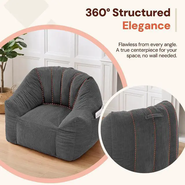 Alt view image 7 of 7 - Korser Bean Bag Chair, Giant Bean Bag Chairs for Adults Teens, Comfy Floor Chair with Back Support and Armrest, Corduroy Beanbag with Foam Filler, Reading Chair for Bedroom Living Room, Grey