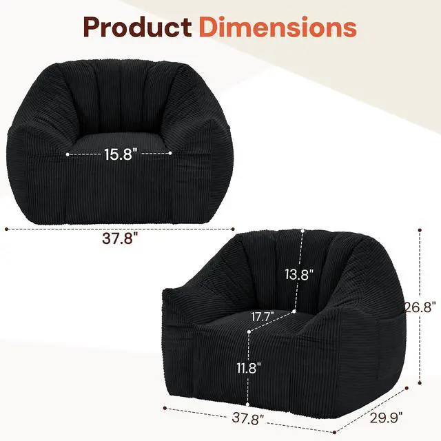 Alt view image 2 of 7 - Korser Bean Bag Chair, Giant Bean Bag Chairs for Adults Teens, Comfy Floor Chair with Back Support and Armrest, Corduroy Beanbag with Foam Filler, Reading Chair for Bedroom Living Room, Black