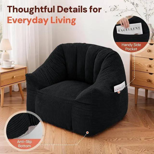 Alt view image 6 of 7 - Korser Bean Bag Chair, Giant Bean Bag Chairs for Adults Teens, Comfy Floor Chair with Back Support and Armrest, Corduroy Beanbag with Foam Filler, Reading Chair for Bedroom Living Room, Black