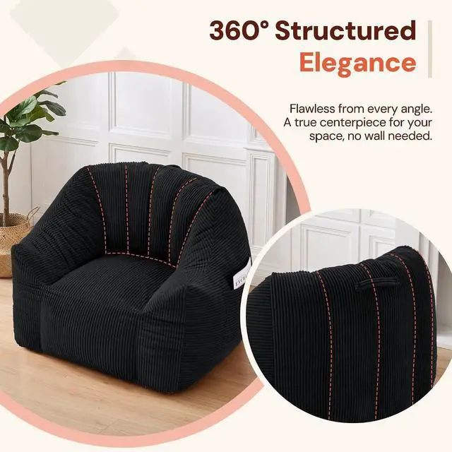 Alt view image 7 of 7 - Korser Bean Bag Chair, Giant Bean Bag Chairs for Adults Teens, Comfy Floor Chair with Back Support and Armrest, Corduroy Beanbag with Foam Filler, Reading Chair for Bedroom Living Room, Black