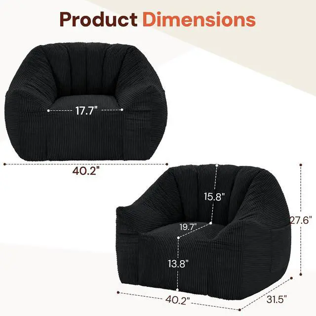 Alt view image 2 of 7 - Korser Bean Bag Chair, Giant Bean Bag Chairs for Adults Teens, Comfy Floor Chair with Back Support and Armrest, Corduroy Beanbag with Foam Filler, Reading Chair for Bedroom Living Room, Black