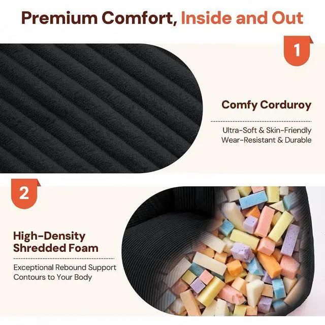 Alt view image 4 of 7 - Korser Bean Bag Chair, Giant Bean Bag Chairs for Adults Teens, Comfy Floor Chair with Back Support and Armrest, Corduroy Beanbag with Foam Filler, Reading Chair for Bedroom Living Room, Black