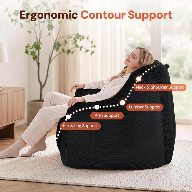 Alt view image 5 of 7 - Korser Bean Bag Chair, Giant Bean Bag Chairs for Adults Teens, Comfy Floor Chair with Back Support and Armrest, Corduroy Beanbag with Foam Filler, Reading Chair for Bedroom Living Room, Black