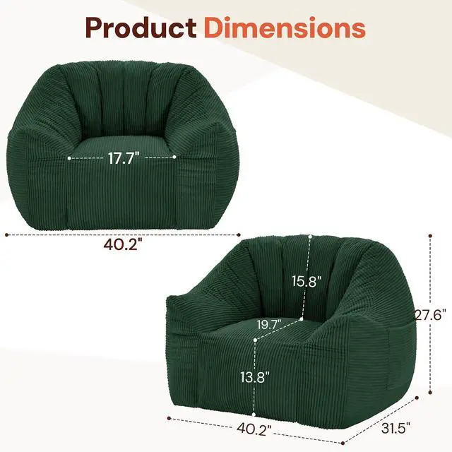 Alt view image 2 of 7 - Korser Bean Bag Chair, Giant Bean Bag Chairs for Adults Teens, Comfy Floor Chair with Back Support and Armrest, Corduroy Beanbag with Foam Filler, Reading Chair for Bedroom Living Room, Green