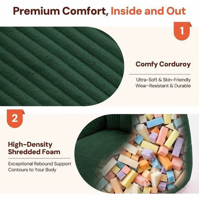 Alt view image 4 of 7 - Korser Bean Bag Chair, Giant Bean Bag Chairs for Adults Teens, Comfy Floor Chair with Back Support and Armrest, Corduroy Beanbag with Foam Filler, Reading Chair for Bedroom Living Room, Green