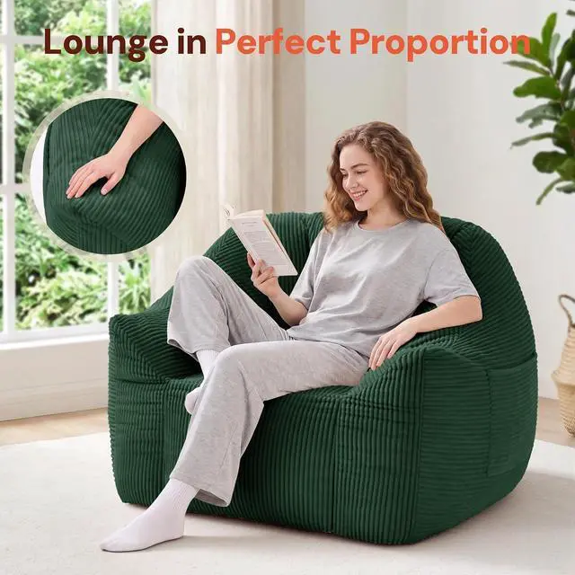 Alt view image 3 of 7 - Korser Bean Bag Chair, Giant Bean Bag Chairs for Adults Teens, Comfy Floor Chair with Back Support and Armrest, Corduroy Beanbag with Foam Filler, Reading Chair for Bedroom Living Room, Green