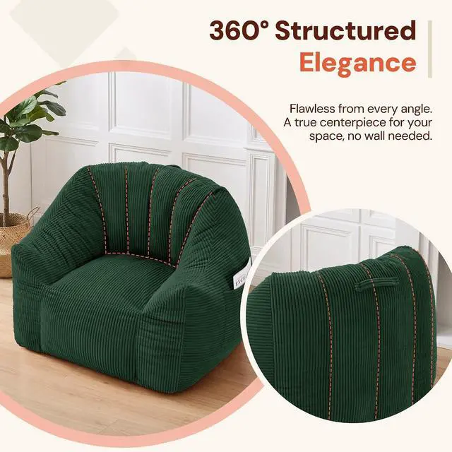 Alt view image 7 of 7 - Korser Bean Bag Chair, Giant Bean Bag Chairs for Adults Teens, Comfy Floor Chair with Back Support and Armrest, Corduroy Beanbag with Foam Filler, Reading Chair for Bedroom Living Room, Green
