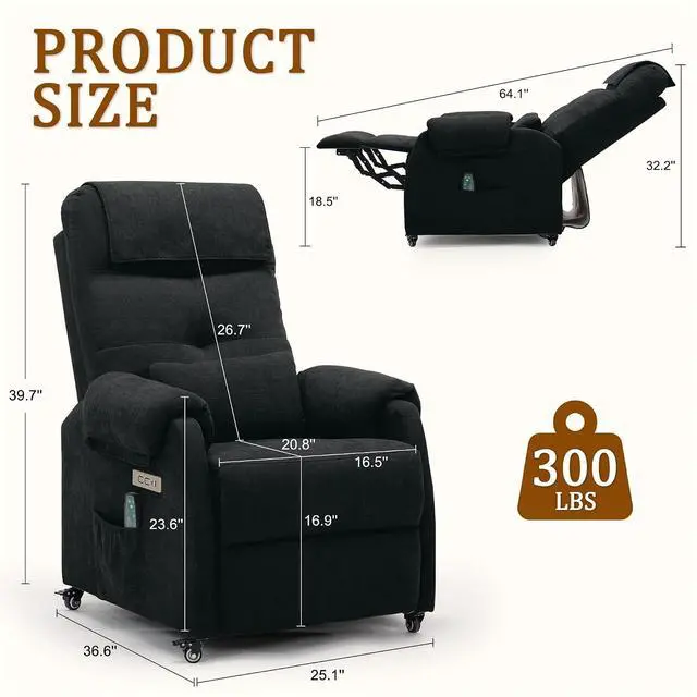 Alt view image 2 of 7 - Korser Adult Electric Recliner, Roller Recliner for Small Spaces, Electric Chair with Massage and Heating Functions, USB and Type-C Charging Ports, Fabric Recliners for Living Room and Bedroom