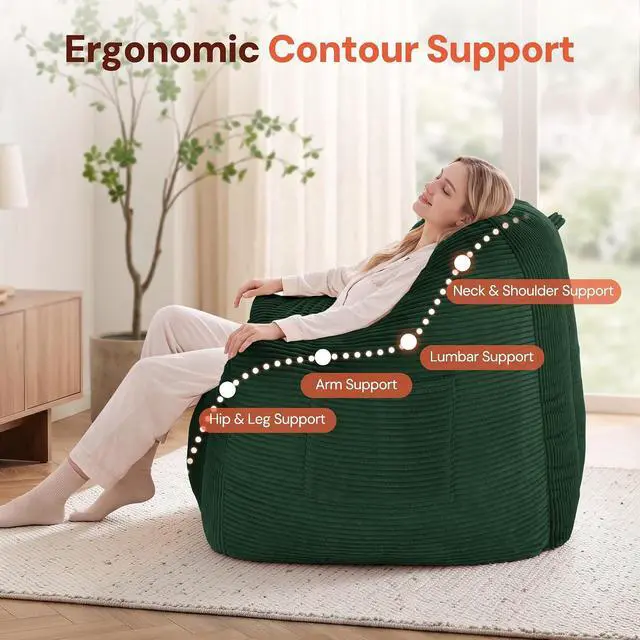 Alt view image 5 of 7 - Korser Bean Bag Chair, Giant Bean Bag Chairs for Adults Teens, Comfy Floor Chair with Back Support and Armrest, Corduroy Beanbag with Foam Filler, Reading Chair for Bedroom Living Room, Green