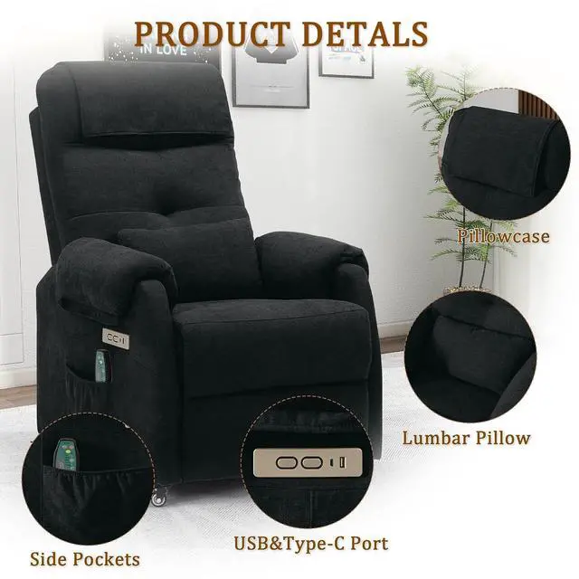 Alt view image 6 of 7 - Korser Adult Electric Recliner, Roller Recliner for Small Spaces, Electric Chair with Massage and Heating Functions, USB and Type-C Charging Ports, Fabric Recliners for Living Room and Bedroom