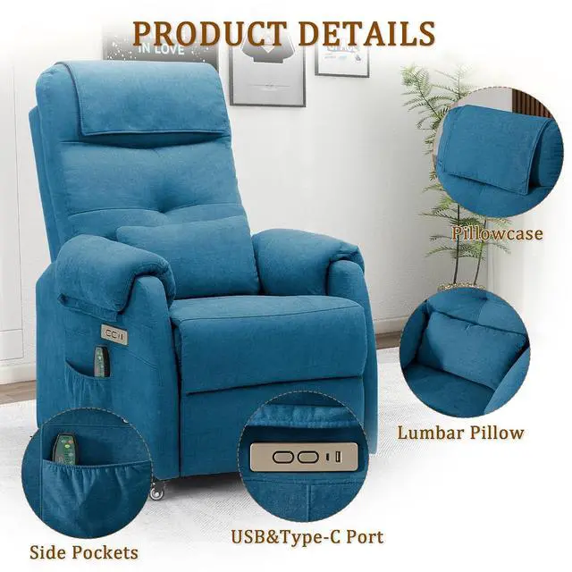 Alt view image 6 of 7 - Korser Adult Electric Recliner, Roller Recliner for Small Spaces, Electric Chair with Massage and Heating Functions, USB and Type-C Charging Ports, Fabric Recliners for Living Room and Bedroom