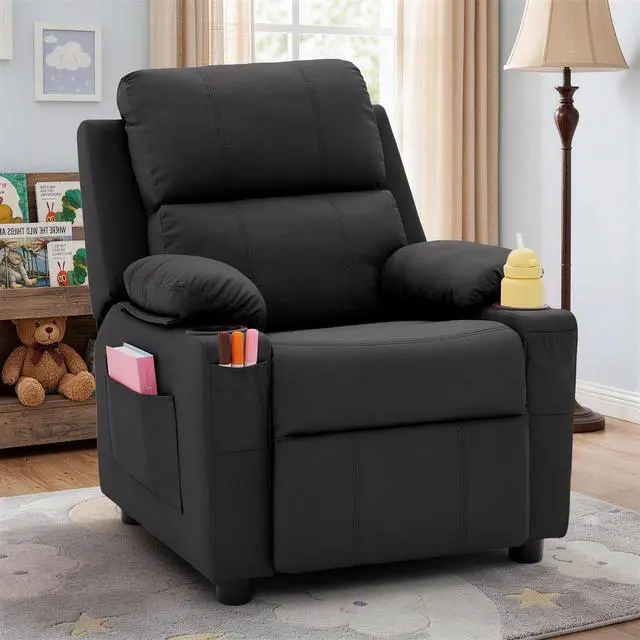 Main image of Korser Kids Recliner Chair, PU Leather Toddler Recliner with Cup Holder, Kid Recliner Sofa with Footrest, Push Back Child Reclining Chair with Side Pockets for Children Boys Girls Room, Black