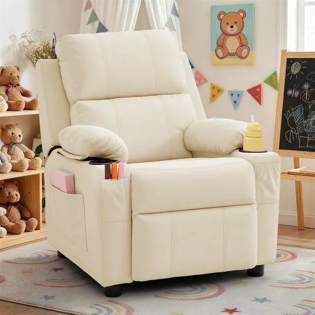 Main image of Korser Kids Recliner Chair, PU Leather Toddler Recliner with Cup Holder, Kid Recliner Sofa with Footrest, Push Back Child Reclining Chair with Side Pockets for Children Boys Girls Room, Beige