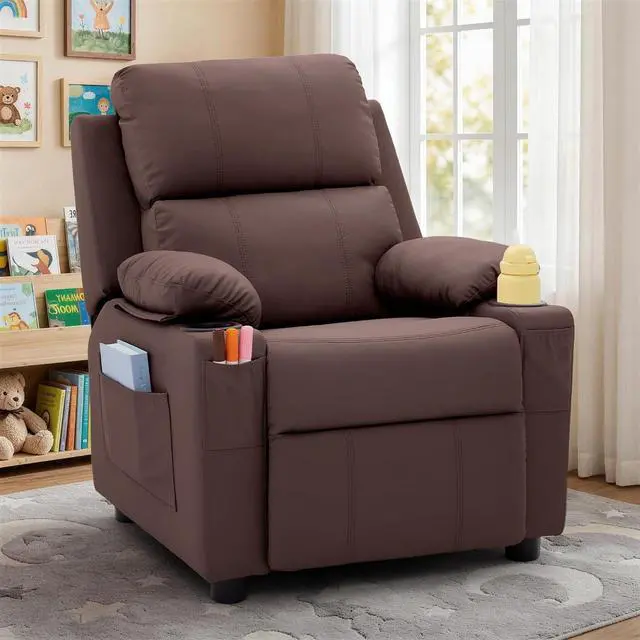Main image of Korser Kids Recliner Chair, PU Leather Toddler Recliner with Cup Holder, Kid Recliner Sofa with Footrest, Push Back Child Reclining Chair with Side Pockets for Children Boys Girls Room, Brown