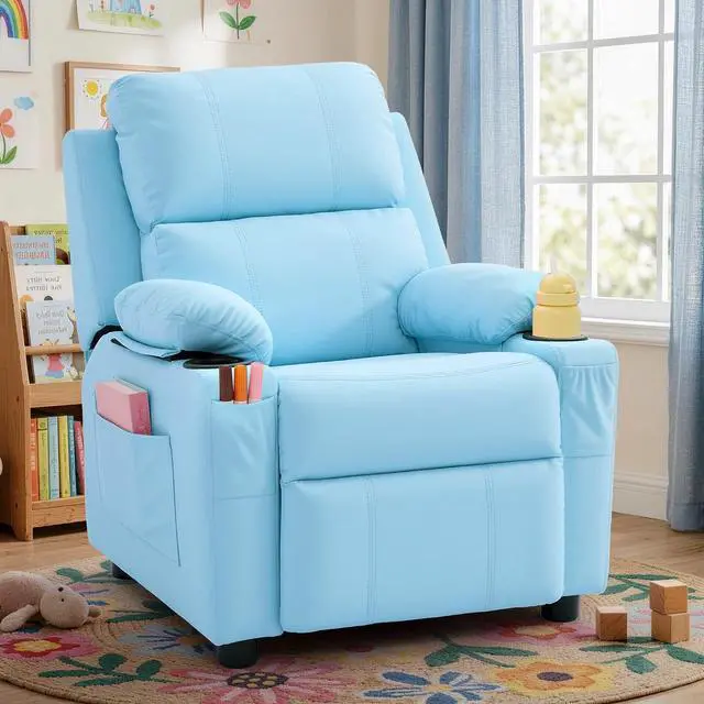 Main image of Korser Kids Recliner Chair, PU Leather Toddler Recliner with Cup Holder, Kid Recliner Sofa with Footrest, Push Back Child Reclining Chair with Side Pockets for Children Boys Girls Room, Blue