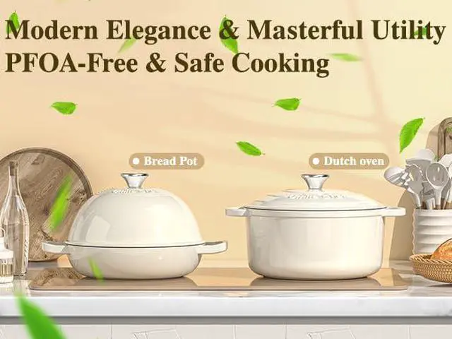 Alt view image 2 of 7 - Enameled Round Cast Iron Bread Oven, 6 Qt Cast Iron Dutch Oven for Homemade Sourdough Bread Baking, Bread Pot with Dome Lid & Cotton Potholders (Cream White)