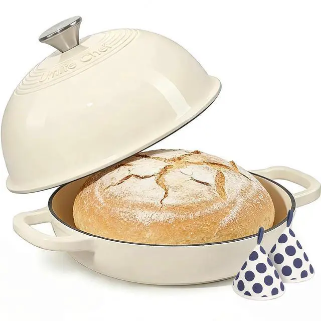 Main image of Enameled Round Cast Iron Bread Oven, 6 Qt Cast Iron Dutch Oven for Homemade Sourdough Bread Baking, Bread Pot with Dome Lid & Cotton Potholders (Cream White)