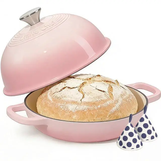 Main image of Cast Iron Dutch Oven Pot with Lid, Round Bread Oven for Sourdough Bread Baking, Umite Chef Enameled Cast Iron Bread Oven with Dome Lid & Cotton Potholders for Sourdough, Pink, 6 Quarts
