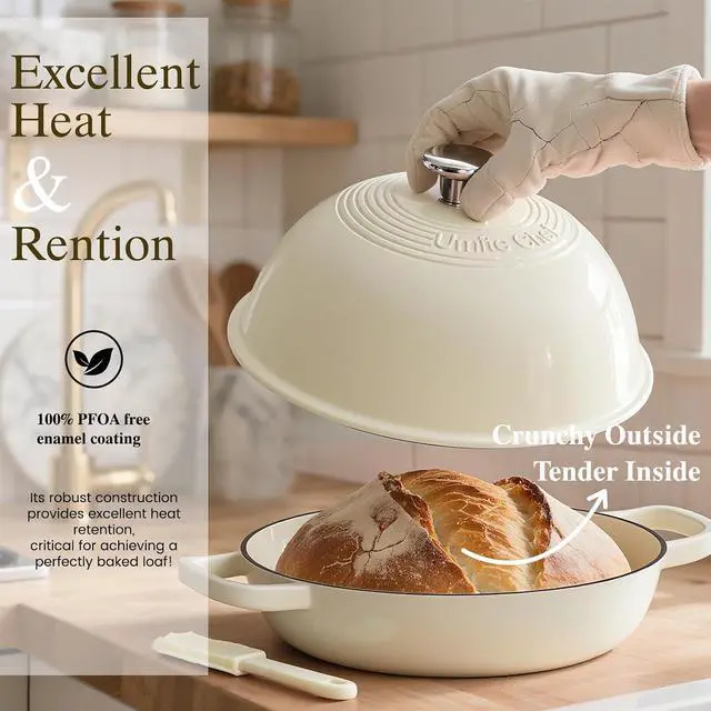 Alt view image 4 of 7 - Enameled Round Cast Iron Bread Oven, 6 Qt Cast Iron Dutch Oven for Homemade Sourdough Bread Baking, Bread Pot with Dome Lid & Cotton Potholders (Cream White)