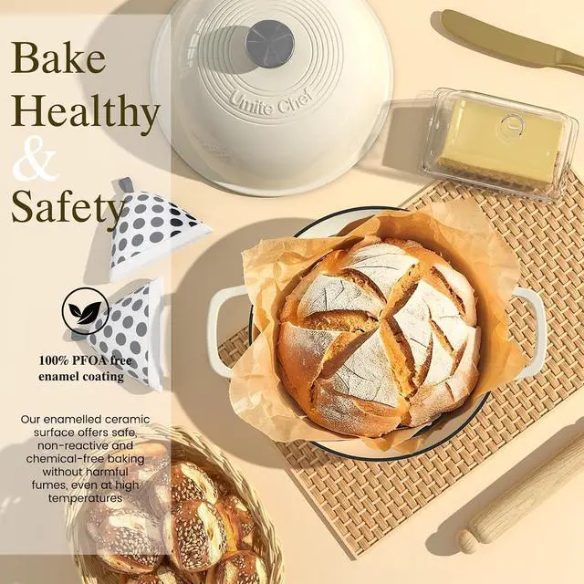 Alt view image 3 of 7 - Enameled Round Cast Iron Bread Oven, 6 Qt Cast Iron Dutch Oven for Homemade Sourdough Bread Baking, Bread Pot with Dome Lid & Cotton Potholders (Cream White)
