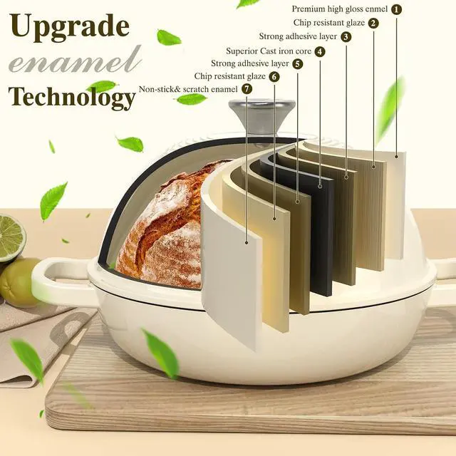 Alt view image 6 of 7 - Enameled Round Cast Iron Bread Oven, 6 Qt Cast Iron Dutch Oven for Homemade Sourdough Bread Baking, Bread Pot with Dome Lid & Cotton Potholders (Cream White)
