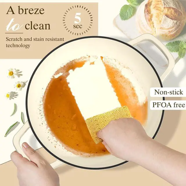 Alt view image 5 of 7 - Enameled Round Cast Iron Bread Oven, 6 Qt Cast Iron Dutch Oven for Homemade Sourdough Bread Baking, Bread Pot with Dome Lid & Cotton Potholders (Cream White)