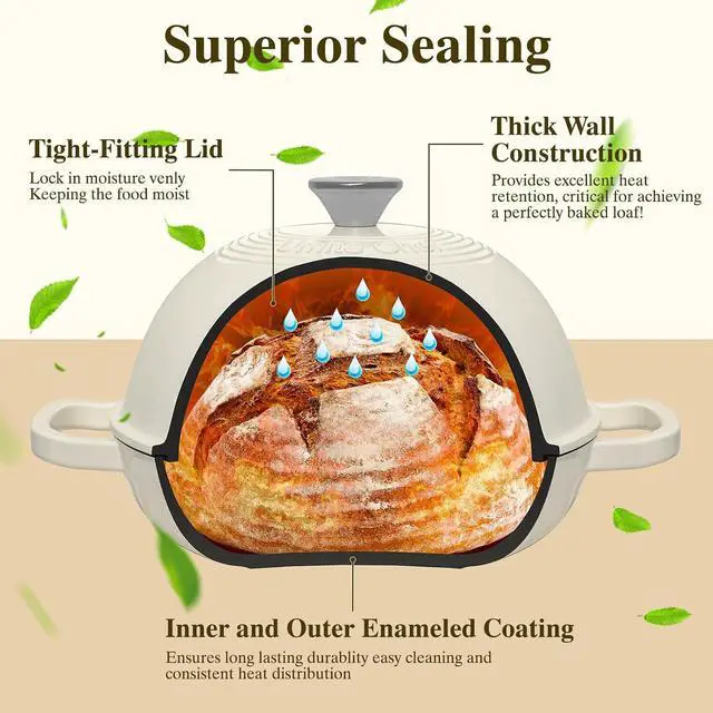 Alt view image 7 of 7 - Enameled Round Cast Iron Bread Oven, 6 Qt Cast Iron Dutch Oven for Homemade Sourdough Bread Baking, Bread Pot with Dome Lid & Cotton Potholders (Cream White)