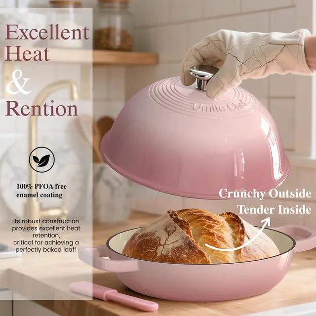 Alt view image 4 of 7 - Cast Iron Dutch Oven Pot with Lid, Round Bread Oven for Sourdough Bread Baking, Umite Chef Enameled Cast Iron Bread Oven with Dome Lid & Cotton Potholders for Sourdough, Pink, 6 Quarts