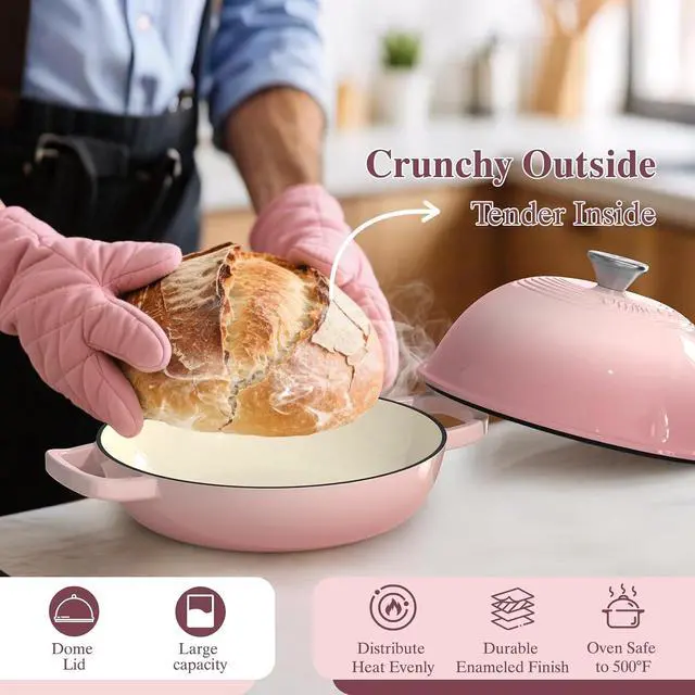 Alt view image 6 of 7 - Cast Iron Dutch Oven Pot with Lid, Round Bread Oven for Sourdough Bread Baking, Umite Chef Enameled Cast Iron Bread Oven with Dome Lid & Cotton Potholders for Sourdough, Pink, 6 Quarts