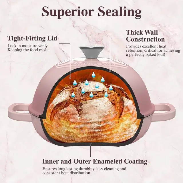 Alt view image 5 of 7 - Cast Iron Dutch Oven Pot with Lid, Round Bread Oven for Sourdough Bread Baking, Umite Chef Enameled Cast Iron Bread Oven with Dome Lid & Cotton Potholders for Sourdough, Pink, 6 Quarts