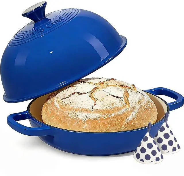 Main image of Enamelled Cast Iron Dutch Oven Pot Dutch Oven Pot with Lid For Sourdough Bread Baking Cast Iron Bread Oven Dark Blue, Umite Chef 6QT Pot with Lid & Cotton Potholders