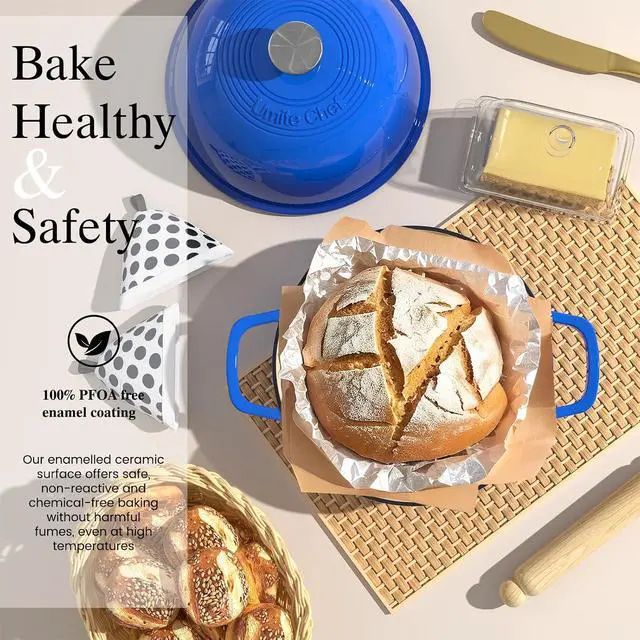 Alt view image 2 of 7 - Enamelled Cast Iron Dutch Oven Pot Dutch Oven Pot with Lid For Sourdough Bread Baking Cast Iron Bread Oven Dark Blue, Umite Chef 6QT Pot with Lid & Cotton Potholders
