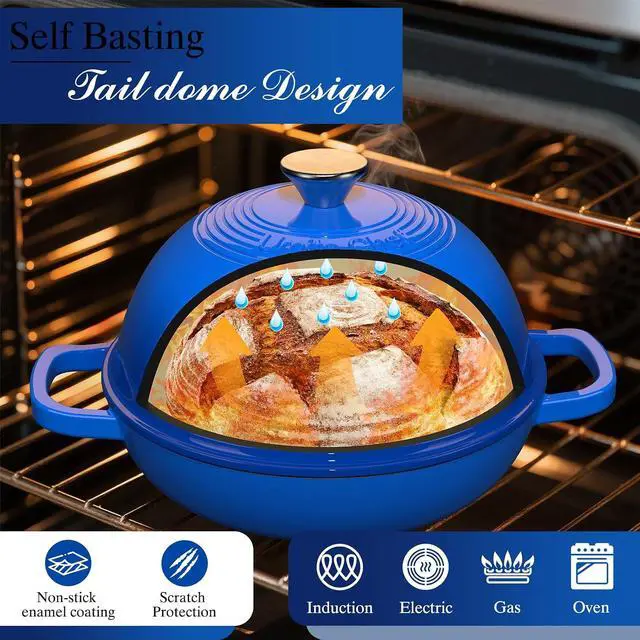 Alt view image 3 of 7 - Enamelled Cast Iron Dutch Oven Pot Dutch Oven Pot with Lid For Sourdough Bread Baking Cast Iron Bread Oven Dark Blue, Umite Chef 6QT Pot with Lid & Cotton Potholders