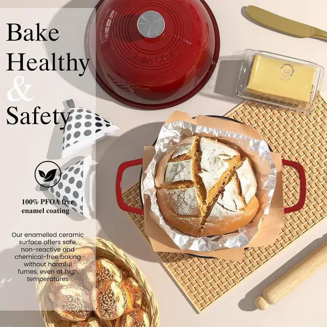 Alt view image 2 of 7 - Enamelled Cast Iron Dutch Oven Pot Dutch Oven Pot with Lid For Sourdough Bread Baking Cast Iron Bread Oven Red, Umite Chef 6QT Pot with Lid & Cotton Potholders
