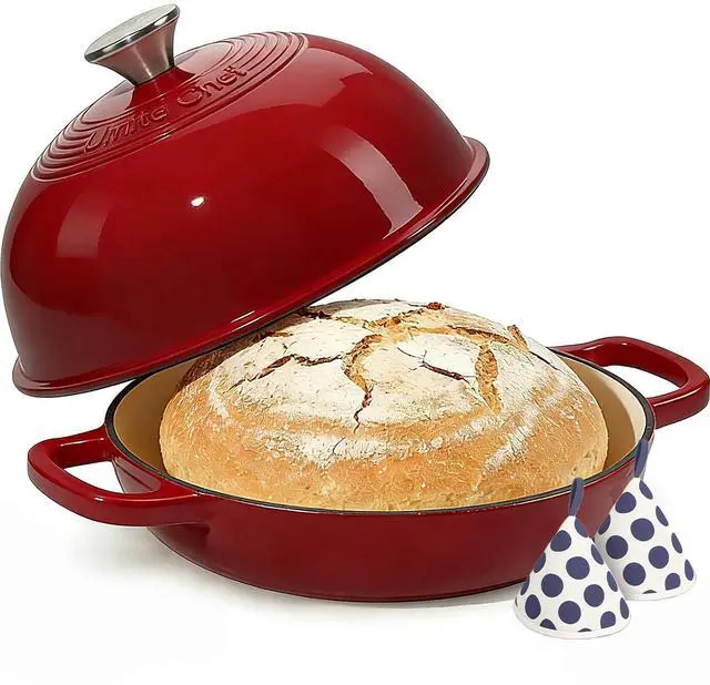Main image of Enamelled Cast Iron Dutch Oven Pot Dutch Oven Pot with Lid For Sourdough Bread Baking Cast Iron Bread Oven Red, Umite Chef 6QT Pot with Lid & Cotton Potholders